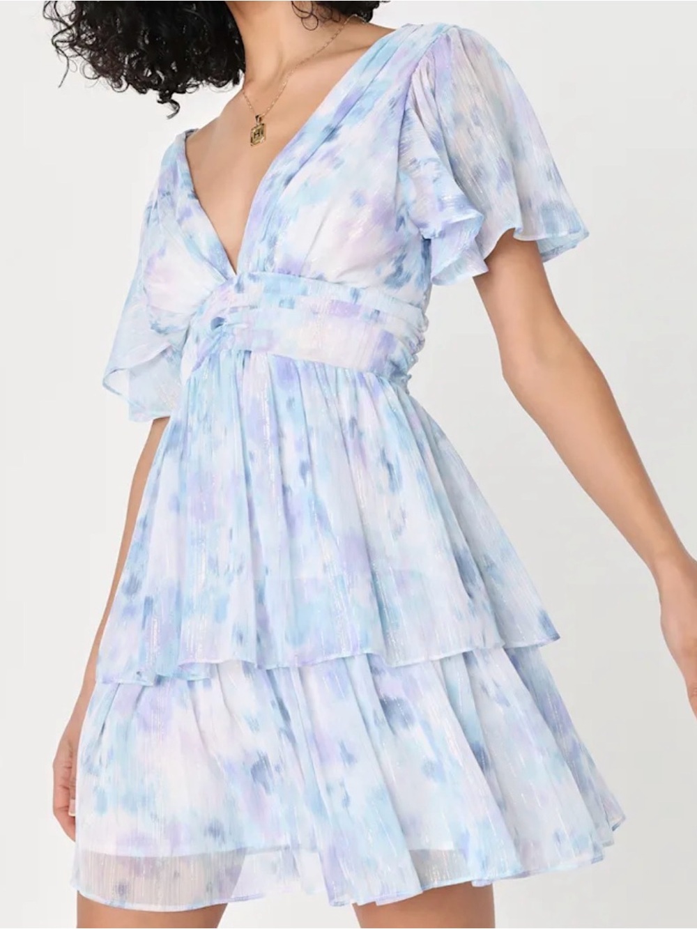Light Blue V-Neck Tiered Mini Dress